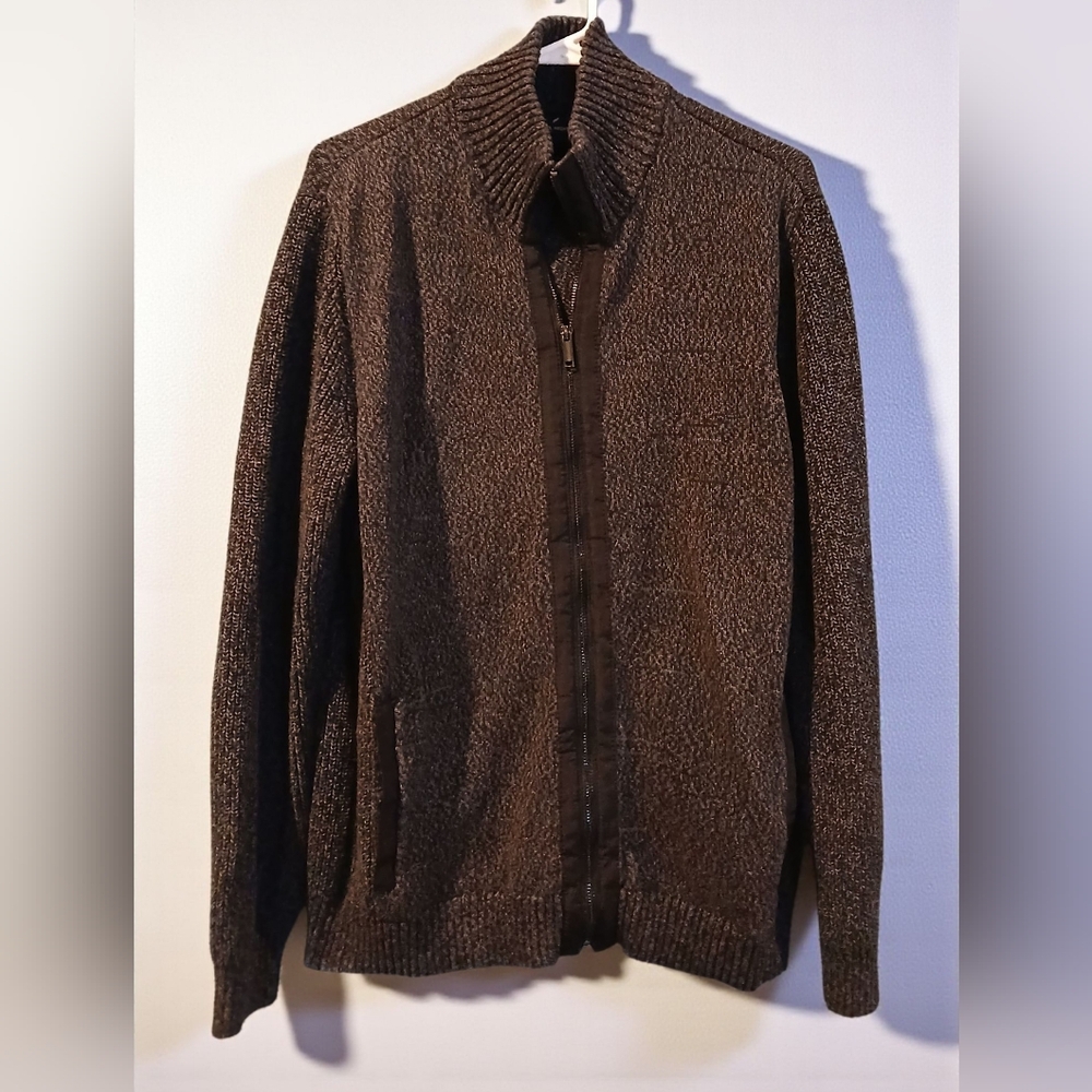 Daniel Hechter 100% Cotton Zip Front Cardigan Tweed Grey Black Chunky Mens Large